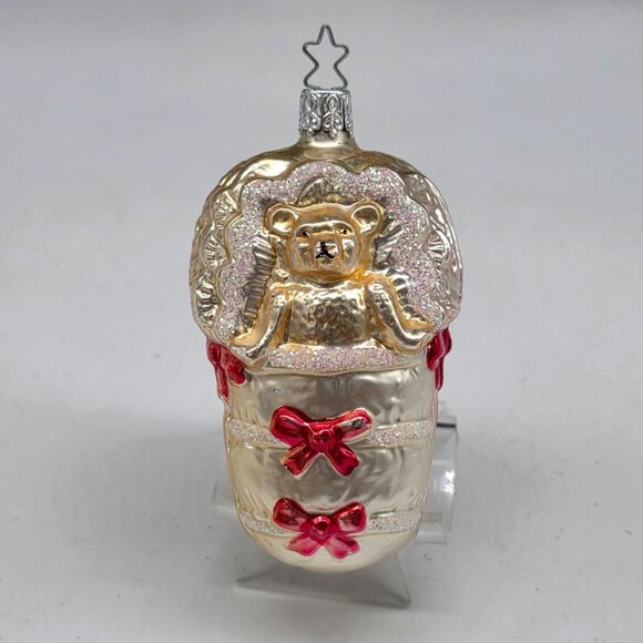 Inge Glas Teddy Bear in Crib German Glass Christmas Ornament 3.5" - Picture 1 of 6